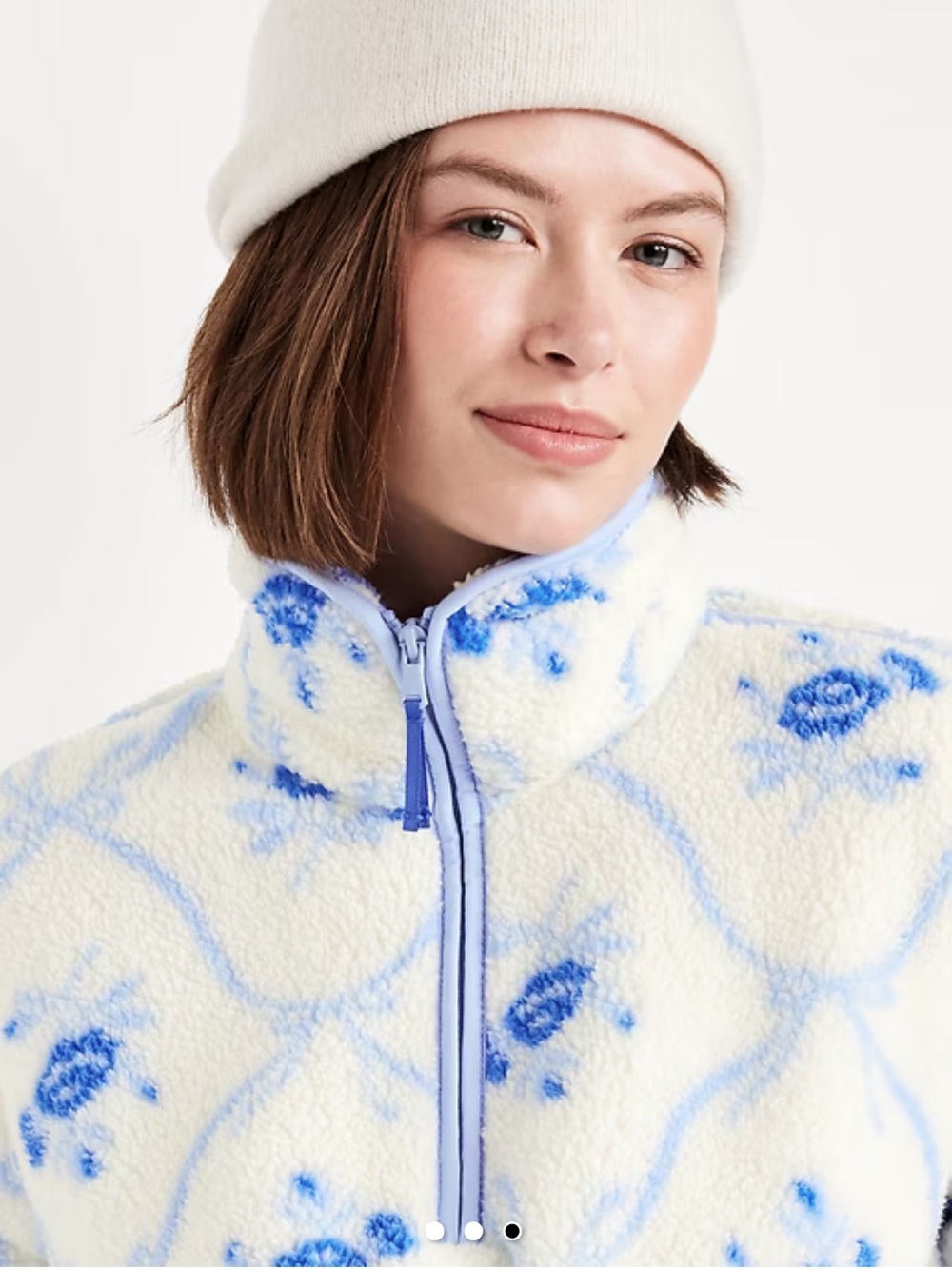 Cream and Light Blue Floral Sherpa Half-Zip Jacket- TALL - Picture 4 of 12